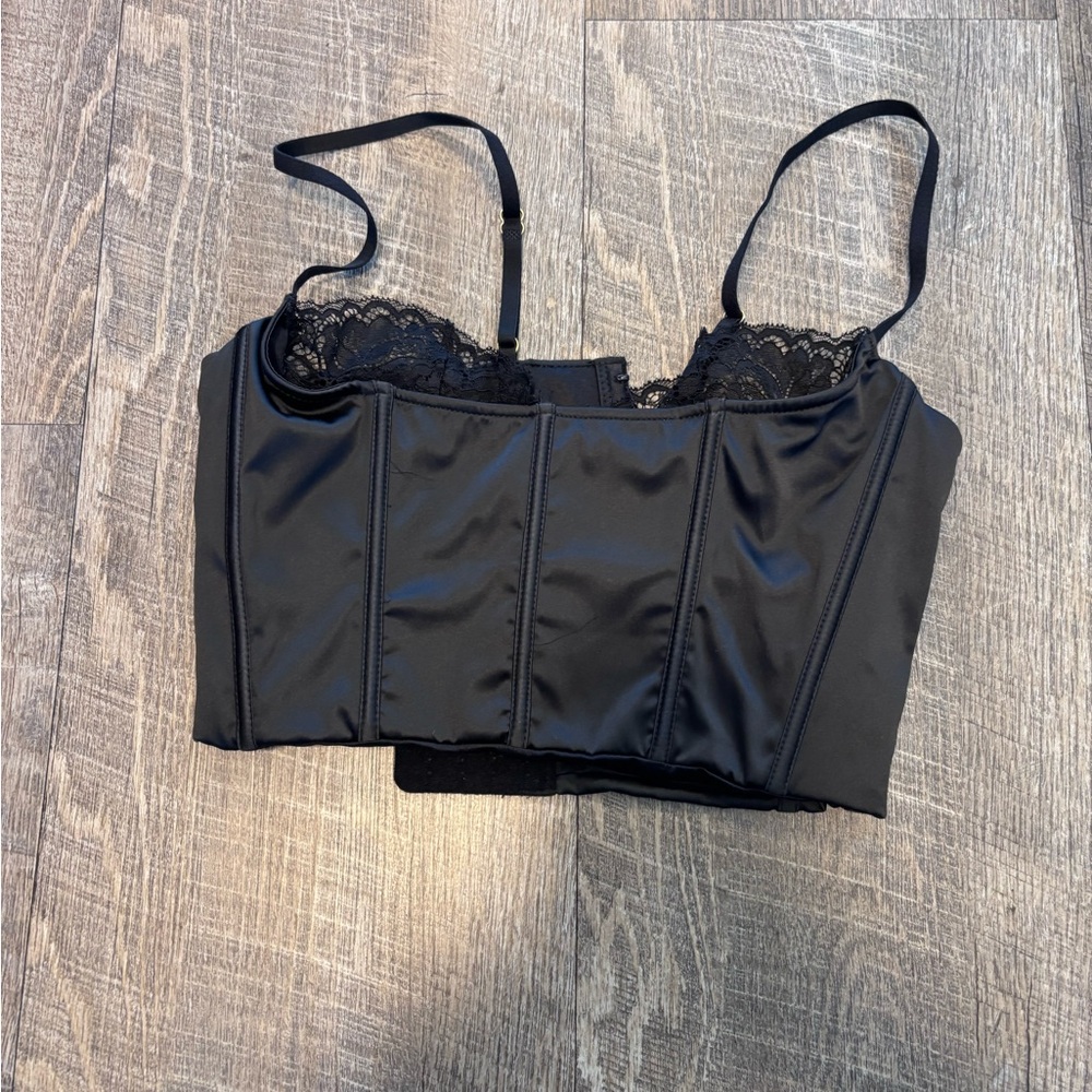 Black Satin Bustier with Lace Trim